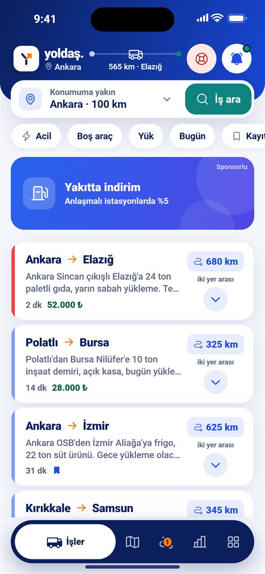 Yoldaş ana ekranı: konumuna yakın yük ilanları, rota ve fiyat